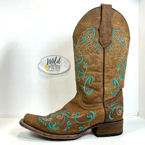 Circle G Western Cowboy Boots- Women 7.5 - Tan Leather Turquoise Embroidered